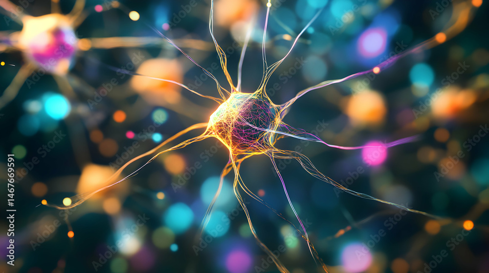 Poster digital rendering of neural network and brain activity with bokeh background