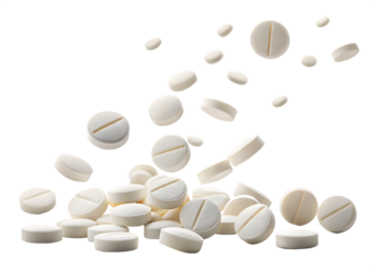 falling white medicine pills capsule isolated on white background, PNG
