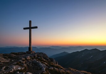 A solitary cross stands on a mountain summit under a clear sky, with a breathtaking sunrise casting vibrant hues over distant layered peaks
