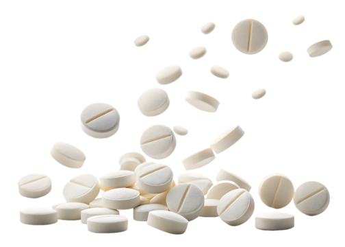 falling white medicine pills capsule isolated on white background, PNG