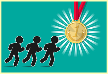 Three people are running for the main prize. The quest for reward, success, top, the next rung of the career ladder. Vector illustration