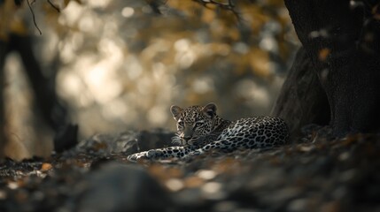 Leopard resting on rocky ground surrounded by autumn foliage