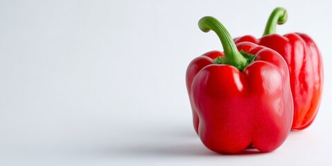 fresh red bell peppers standing upright on a white background with copy space, perfect for healthy eating themes.
