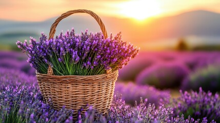 Lavender in a basket against a sunset. Serene landscape