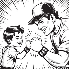 Father's Day Vintage Black and White Vector of Dad and Son Fist Bump for Retro Family Bonding