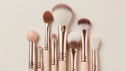 A 4K photo of makeup brushes are arranged vertically on a light-colored background. Brushes differ in size and shape of bristles.