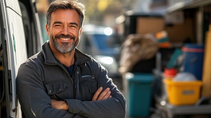Naklejka premium Portrait of a Smiling Man with Crossed Arms Outdoors