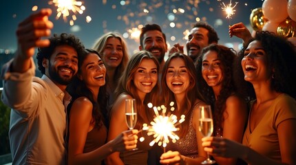 Fototapeta premium A joyful group of diverse friends celebrating with sparklers at a nighttime party, radiating happiness and camaraderie.