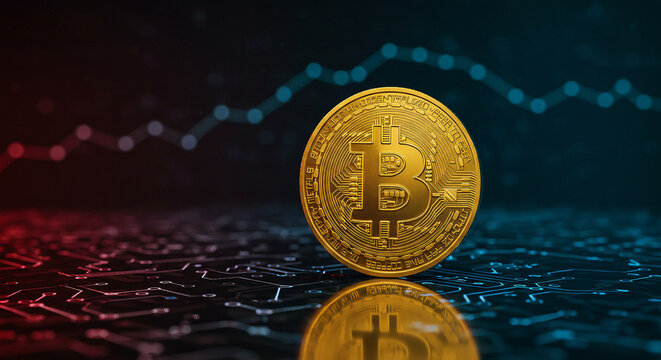 Golden Bitcoin coin standing on reflective black surface, futuristic digital background with blockchain patterns, clear and realistic image in high definition.