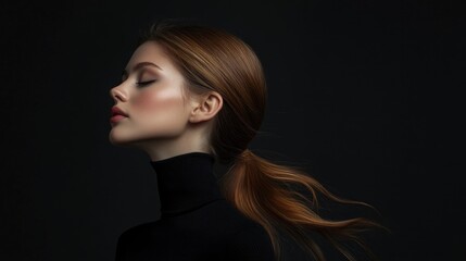Naklejka premium Elegant profile of a woman with flowing hair against dark backdrop