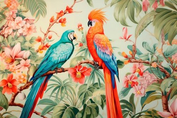Obraz premium Two vibrant parrots perch on a branch amid lush tropical foliage and blossoms, in a painting-like style.
