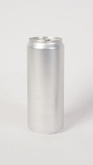 A blank silver aluminum can on white background.