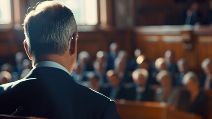 Serious politician delivering speech at wooden podium during conference, passionate public speaker addressing important social issues, leadership and political campaign concepts