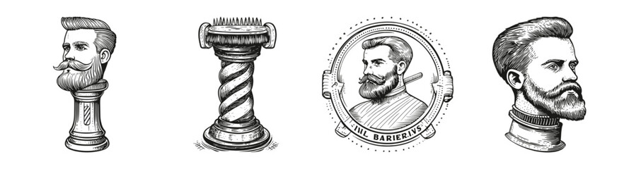 Vintage Vector Art of Barbershop Icons and Elements for Hair Styling, vector illustration, engraving design, logo design set, black and white line, template design element