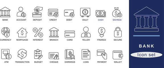Bank icon set. Minimalist line art bank icon set featuring finance, credit, ATM, savings, investment, wallet, cash, security, and digital banking symbols.