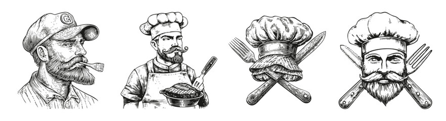 Vintage Chef Illustrations Featuring Gourmet Food Preparation Elements, vector illustration, engraving design, logo design set, black and white line, template design element