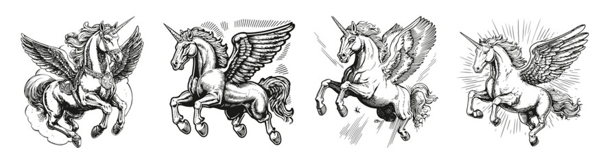 Vintage Engraving of Majestic Winged Unicorn Illustrations, vector illustration, engraving design, logo design set, black and white line, template design element