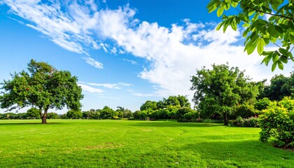 Scenic landscape of green field with trees under a blue sky
