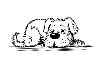 Kind old dog lying and resting. Domestic pet canine. Cartoon vector illustration. Black and white sketch. Hand drawn outline