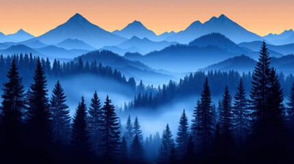 Obraz premium Mountains, fog, and trees in layered, shaded blue view
