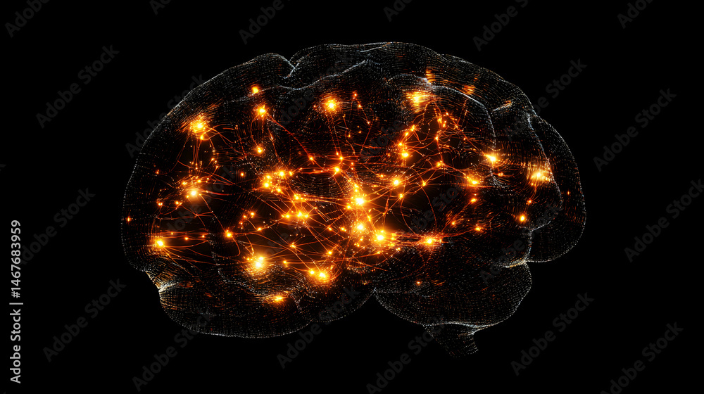 Poster intricate brain model showcasing cognitive functions and neurological networks