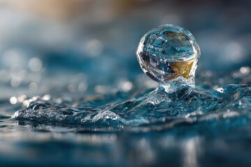 Crystal Water Drop Shaping Globe Falling Over Blue Ocean Surface in High-Resolution Image