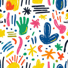 Set of fun colorful line doodle seamless pattern. Creative abstract art background collection for children or festive celebration design. Simple childish scribble wallpaper print texture