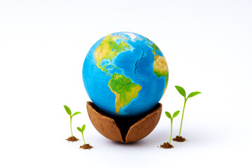 Earth globe sits in cracked nutshell with green plant sprout and soil symbolizing growth nature and environmental protection