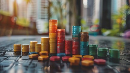 Colorful stacked coins forming a bar graph depicting growth and financial success. A close-up view of the colorful coins on a dark surface.