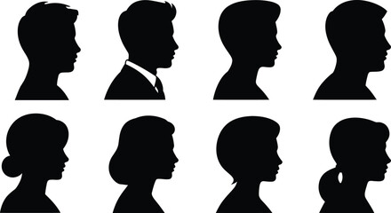 Collection of diverse human silhouettes depicting profiles of men and women in black