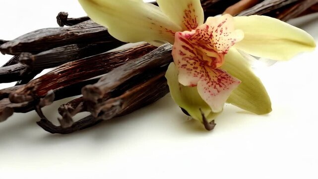Fragrant vanilla beans with delicate flower on a white surface, aroma and ingredient for culinary and aromatherapy purposes