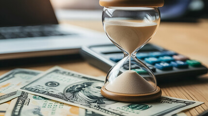 Hourglass on Cash and Calculator on Wooden Desk
