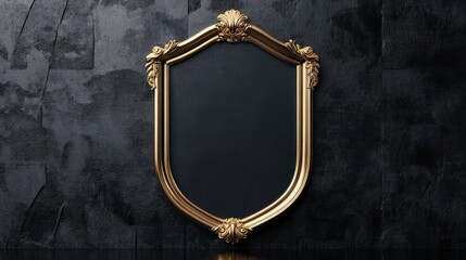 Ornate gold framed empty shield shaped display.