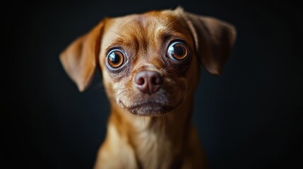 Close-up of a curious brown dog with large eyes on black background