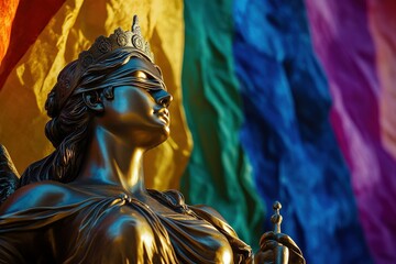 Obraz premium Justice statue blindfolded and crowned standing in front of vibrant rainbow LGBT pride flag. Concept of equality, diversity, rights and social freedom.