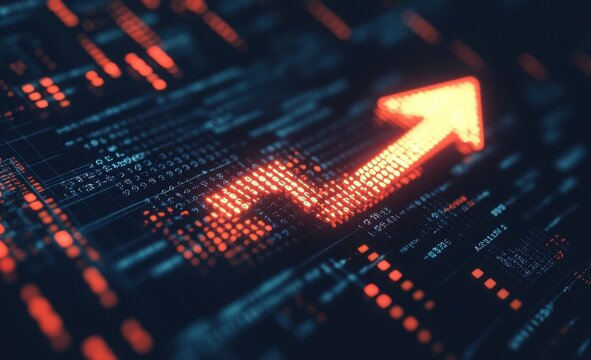 Bright upward arrow graphic on a complex digital display filled with data streams - Powered by Adobe