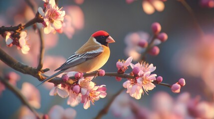 Vibrant goldfinch perched on cherry blossoms at sunset