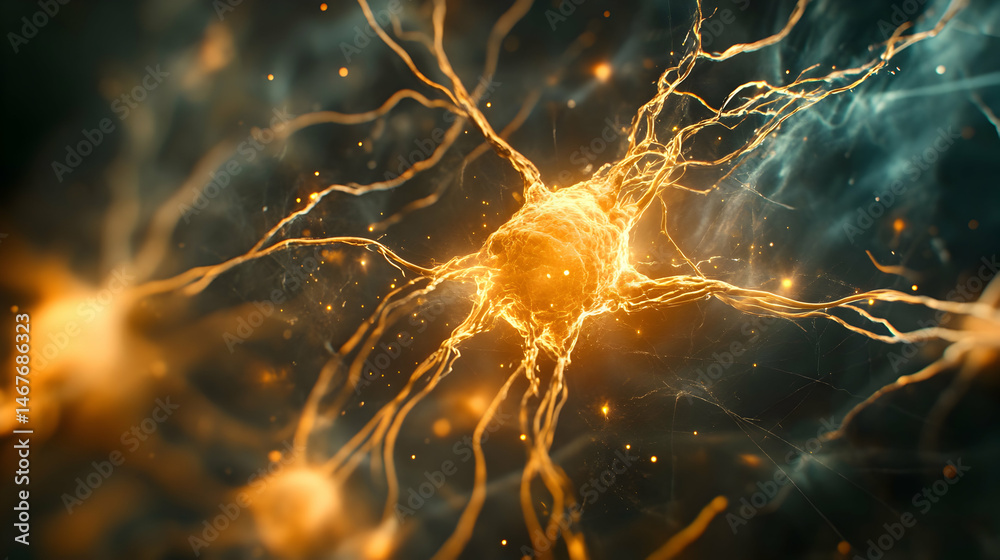Poster neural network depiction illustrating synaptic activity and brain function