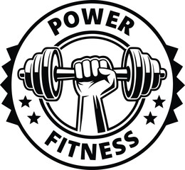 Power Fitness Emblem Strong Hand Holding Dumbbell Weightlifting Gym Badge