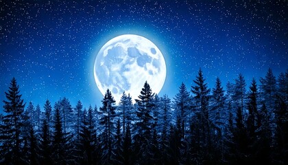 Naklejka premium Luna llena sobre un bosque silueteado por la noche