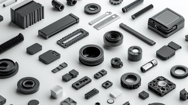 Assorted black components on a white background.  Various shapes and sizes of parts, likely for a mechanical device