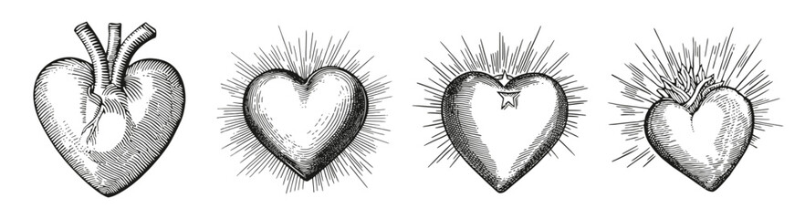 Vintage Illustrated Hearts with Radiating Lines and Detailed Design, vector illustration, engraving design, logo design set, black and white line
