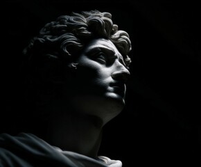 Marble bust of a stoic figure under dramatic lighting in a dim setting