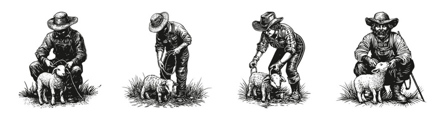 Vintage Illustration of Farmers with Sheep in Four Stages of Care, vector illustration, engraving design, logo design set, black and white line