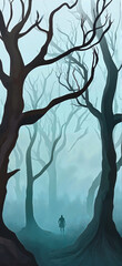 Naklejka premium Mysterious figure walking through foggy forest with bare trees 
