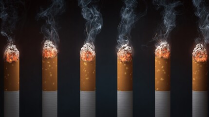 A line of lit cigarettes burning with smoke rising, representing addiction, health risks, and harmful smoking habits