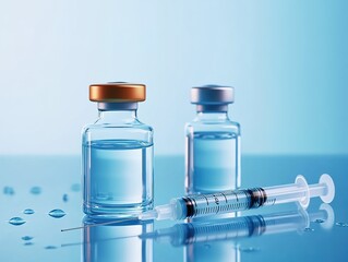 Two glass vials with golden caps and syringe on blue reflective surface.