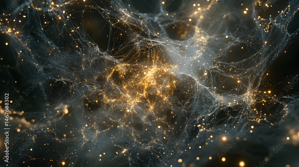 Poster abstract interconnected network of glowing particles simulating cosmic web