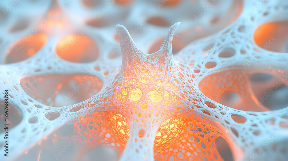 Poster abstract intricate organic structure with internal illumination and interconnected nodes