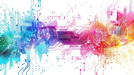Obraz premium Abstract colorful data flow on complex circuit with digital technology style design. Dust color explode graphic show electric dynamic movement represent about processor algorithm on computer. AIG53.